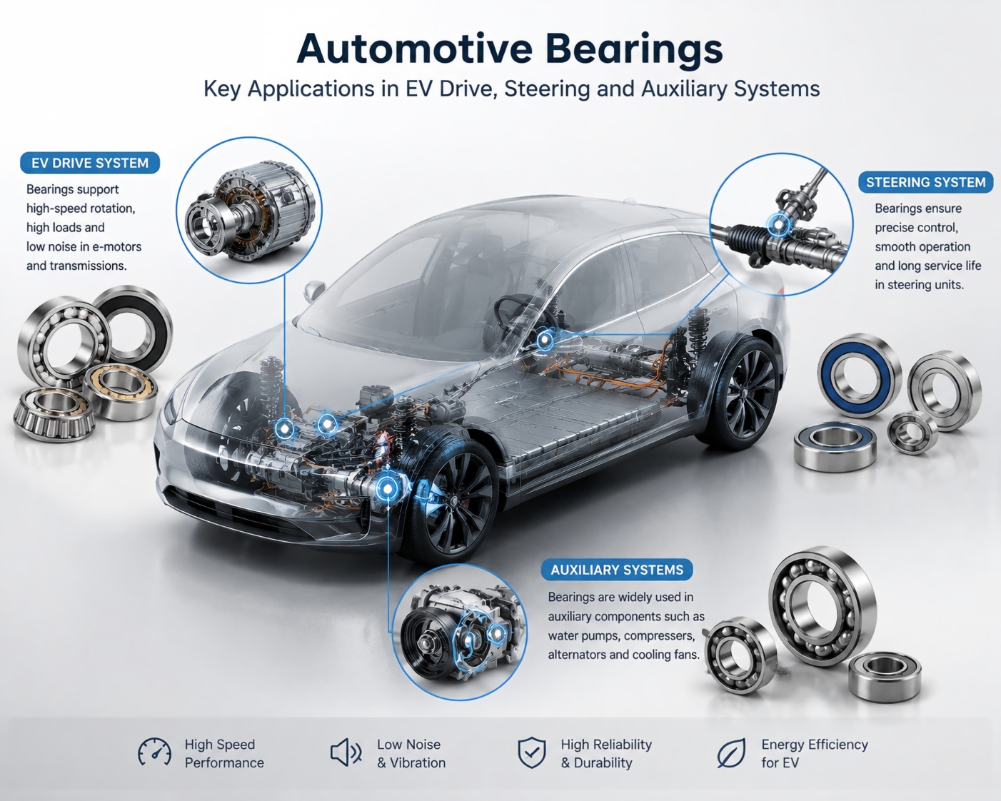 Rodamientos de automoción: aplicaciones clave en EV Drive, dirección y sistemas auxiliares